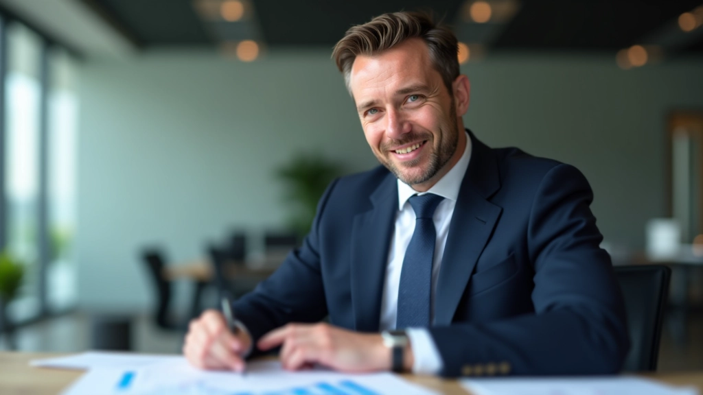 Muž v obleku sedí u stolu s grafy a peníze v pozadí